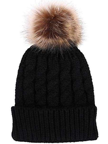 Chorcoal RERA SHOP Pom Pom Knit Beanie Braided Color Plain Ski Cap Skull Hat Winter Warm Cuff
